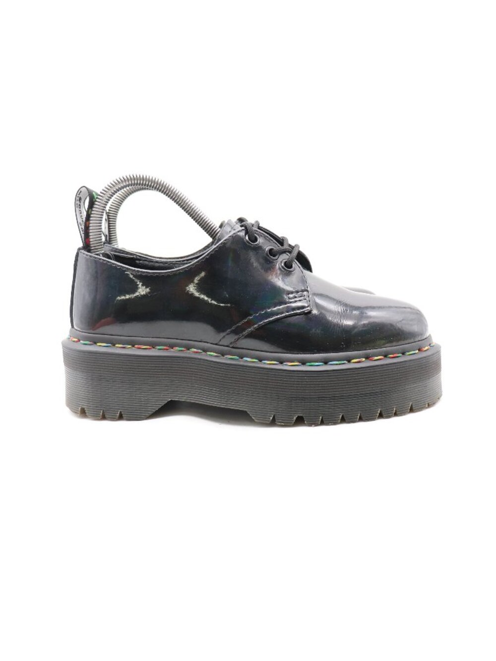 Doc Dr Martens 1461 Quad Black Patent Leather Women 6 Platform Rainbow Stitching
